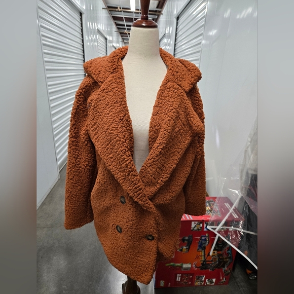C+D+M Teddy Coat | Rust Brown Sherpa Jacket | Size Small - Picture 1 of 9